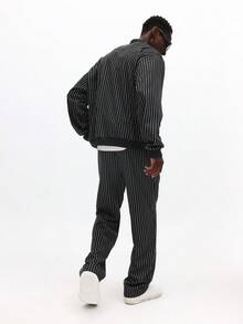 SUMWON Premium Tailored Pinstripe Co-Ord Set Bomber Jacket Track Pants Matching Athleisure Urban Streetwear Fall Winter - Black - View 2