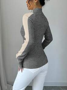 Islaluna Jersey de cuello alto de punto acanalado de ajuste ceñido de color contrastante minimalista de manga larga