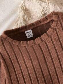 SHEIN 1pc Girls Crew Neck Long Sleeve Ribbed Knit Patchwork Floral Hem Dress, Sweet & Ladylike, Autumn - Brown - View 6