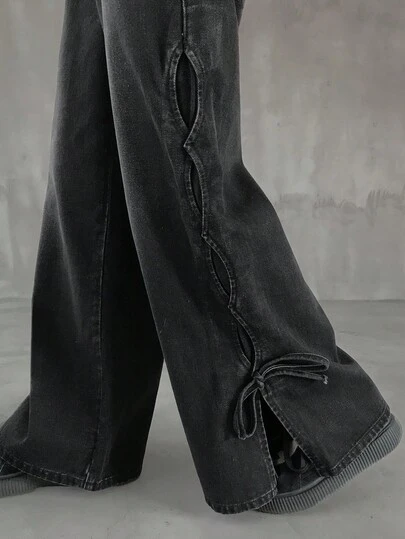 FRIFUL Women's Casual Fashion Street Knotted Side Loose Wide-Leg Jeans