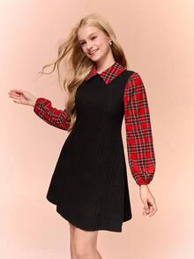 少女休闲针织拉绒罗纹格子拼布高领长袖紧身迷你连衣裙，优雅适合外出和聚会，适合娇小女性 - 黑色 - 查看 4