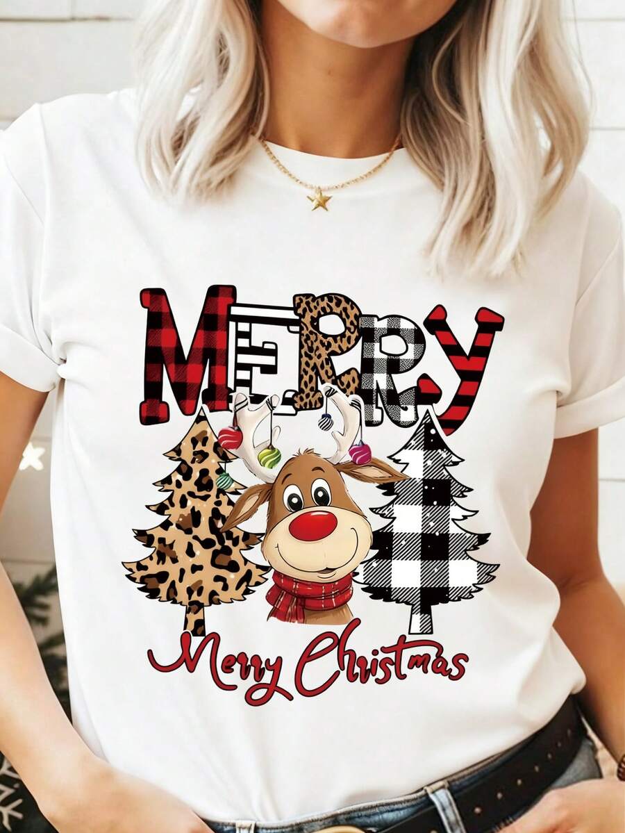 EMERY ROSE Plus Size Christmas Cartoon Print Short Sleeve T-Shirt - White - View 1