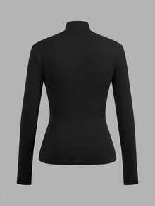 Tseoso 2pcs Women High Neck Tight Fit Long Sleeve Base Layer T-Shirt Set, Suitable For Autumn/Winter. Versatile For Daily Wear, 95% Cotton, Indoor And Outdoor, Vintage, Soft Girl, Outing Items, Home, Back To School, Fall Women Clothes, Versatile, Old Money, New Money, Gift For Mom, Family Gift, Christmas Gift - Black - View 5