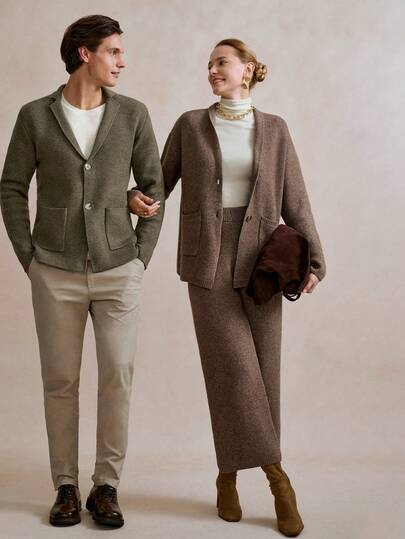 SHEIN Stylify 2pcs Wool Blend Collared Button Cardigan Sweater & Wide Leg Pants Set