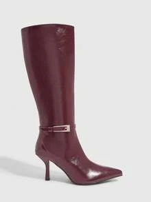 CUCCOO SZL Women's Fashionable Burgundy Buckle Knee-High Elegant Heeled Boots - Burgundy - View 3