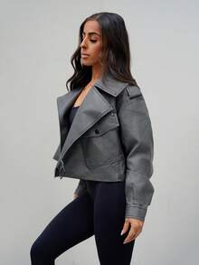 SAYEHFBABY Fashion Zip Up Laple Neck Crop Moto Jacket Fall Winter Cloth For Women - Grey - View 6