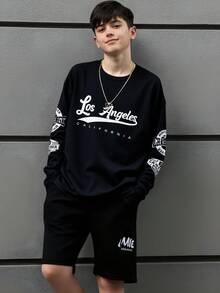 SHEIN 青少年男童/青少年男童休闲日常舒适印花宽松圆领长袖针织T恤，适合生日派对、晚宴、演出、婚礼、洗礼、开幕式等场合，日常穿着舒适，适合上学、旅行和运动，是秋冬季节的理想之选。 - 黑色 - 查看 4