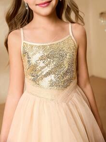 女童亮片吊带长裙，公主裙，适合派对、婚礼、钢琴演奏会、选美比赛，大童 - 香檳色 - 查看 8