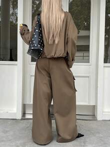 DAZY 女士纯色简约长袖外套和裤子两件套，休闲日常家居服套装 - 卡其色 - 查看 8