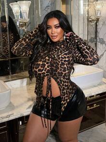NU&NOW Plus Size Women Sexy Leopard Print Drawstring Hem Long Sleeve T-Shirt Top