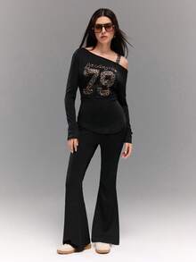 Teenage Girls Casual Street Chic Leopard Print One Shoulder Long Sleeve Top And Flare Pants 2-Piece Outfit - Black - View 1