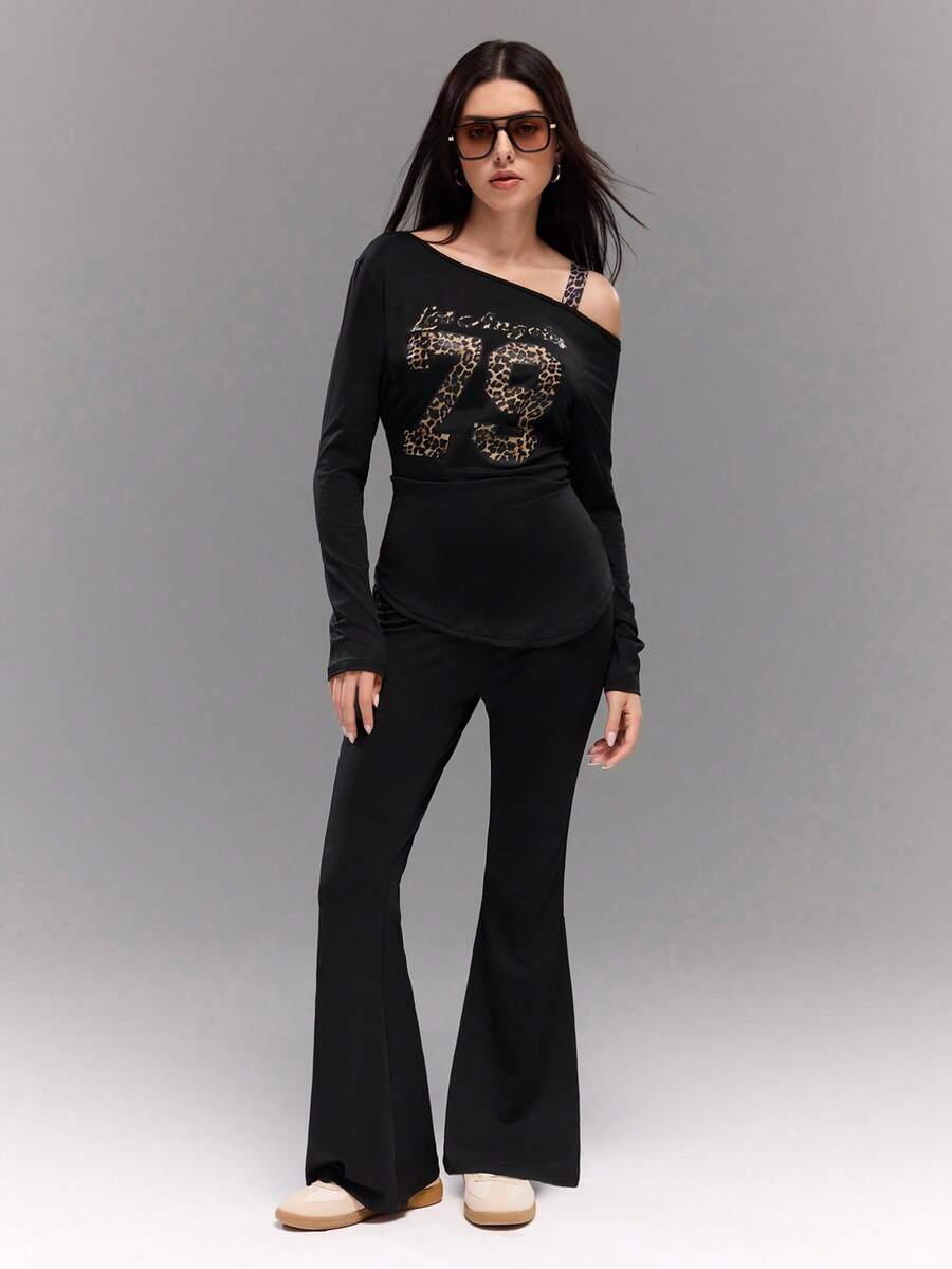 Teenage Girls Casual Street Chic Leopard Print One Shoulder Long Sleeve Top And Flare Pants 2-Piece Outfit - Black - View 1