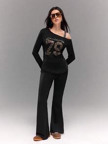 Teenage Girls Casual Street Chic Leopard Print One Shoulder Long Sleeve Top And Flare Pants 2-Piece Outfit - Black - View 3