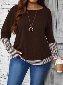EMERY ROSE Plus Size Women Contrast Stripe Crew Neck Loose Casual Long Sleeve T-Shirt,Fall Winter Cozy Country Style Country Concert - Brown - View 1