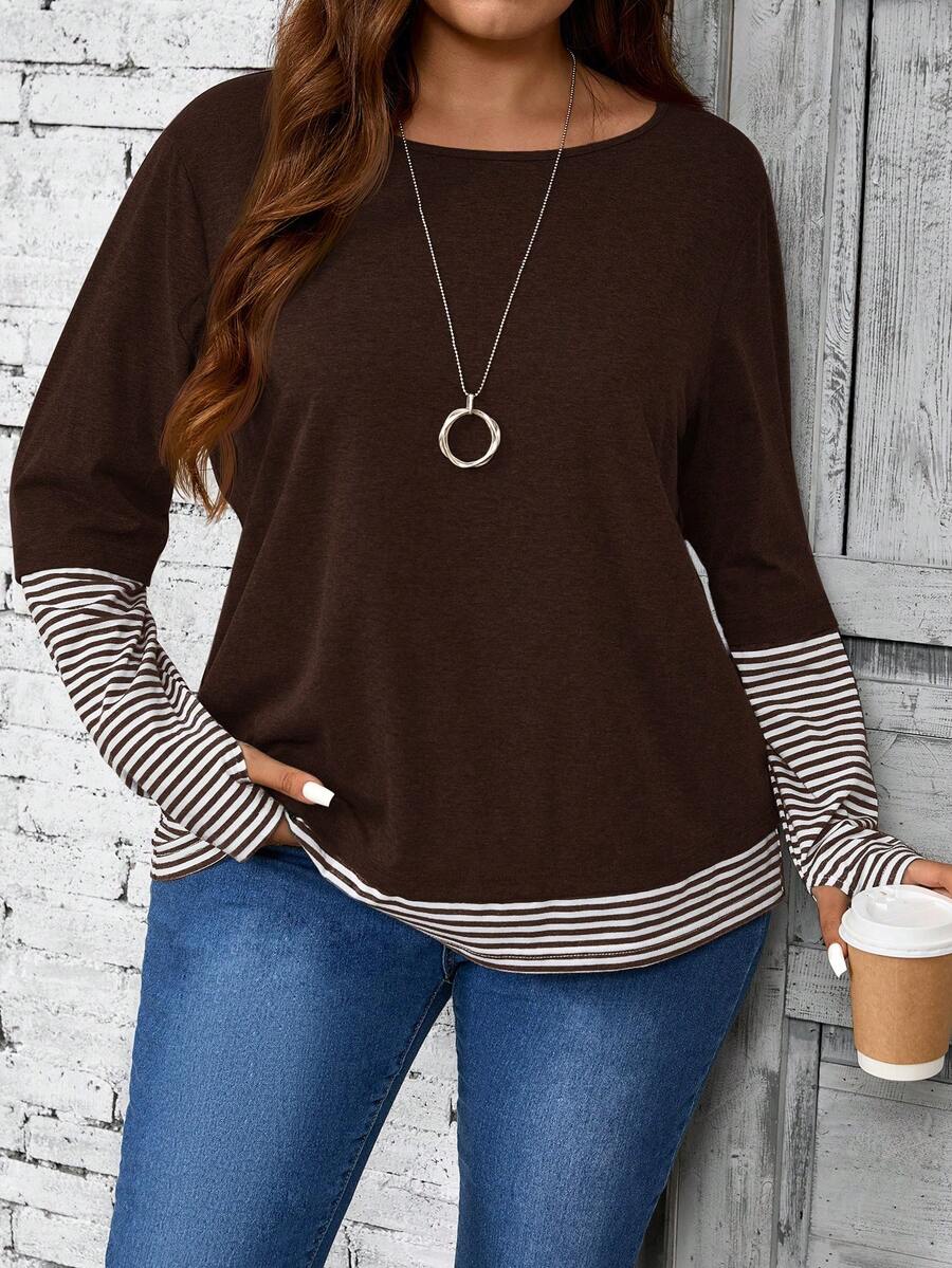 EMERY ROSE Plus Size Women Contrast Stripe Crew Neck Loose Casual Long Sleeve T-Shirt,Fall Winter Cozy Country Style Country Concert - Brown - View 1