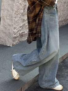 DAZY 青少年女童高腰口袋阔腿宽松休闲百搭牛仔裤 - 中等水洗藍 - 查看 2