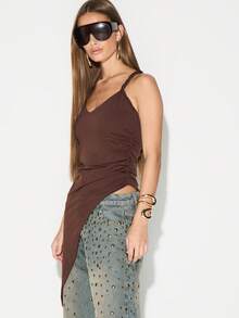 KIZN Twist Strap Asymmetrical Side Ruched Tank Top Sleeveless Summer Festival Basic Vest - Brown - View 6