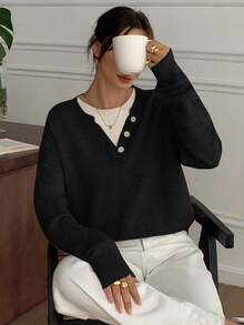 DAZY Casual Color Block Henley Neck Pullover, Soft Knit 2 In 1 Sweater For Women - Black - View 4