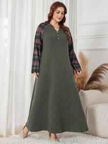 Lacomfia Plus Size Elegant Casual Plaid Patchwork Dress - Army Green - View 5