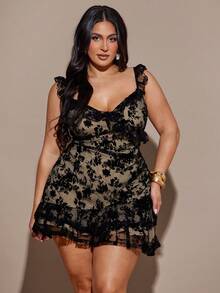 SHEIN BAE Vestido mini elegante, romántico y sexy con cuello en V, dulce y versátil para citas, con volantes en el bajo, para mujer de talla grande. Vestido corto para playa, resort y fiesta. Vestido de talla grande marrón, vestido de talla grande con volantes, vestido marrón chocolate. - Negro - Ver 3