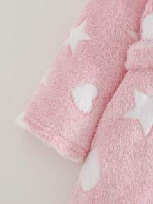 Cozy Pixies 女婴保暖连帽长袖系腰长袍，带星星和月亮图案，厚实保暖，适合冬季，粉色