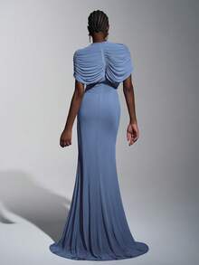 Elitara Elegant, Romantic, Sexy, Fashionable, Grayish Blue, Elastic Mesh Fabric, Ruffle Decor, Fishtail Hem, Trailing, Influencer, Festival, Vacation, Birthday Party, Wedding Event, Bridesmaid Dress