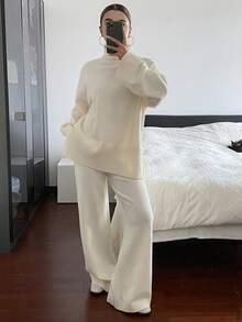 DAZY 女士纯色宽松高领开叉毛衣和直筒裤休闲优雅厚实两件套，秋冬 - 白色 - 查看 10