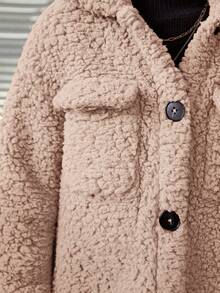 SHEIN 女童休闲珊瑚绒中长款翻领长袖夹克，适合冬季 - 卡其色 - 查看 8