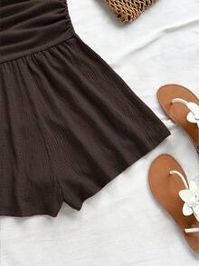 Soleia Plus Size Women Casual Ruched Sleeveless Jumpsuit, Suitable For Vacation, Autumn/Winter - Coffee Brown - View 5