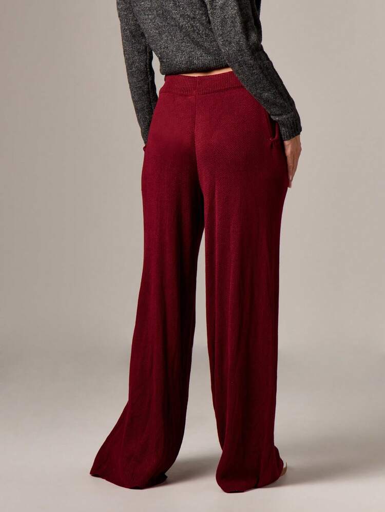 AiiRZ Burgundy Crochet Wide Leg Palazzo Pants With Drawstring Waist For Fall Winter Comfort