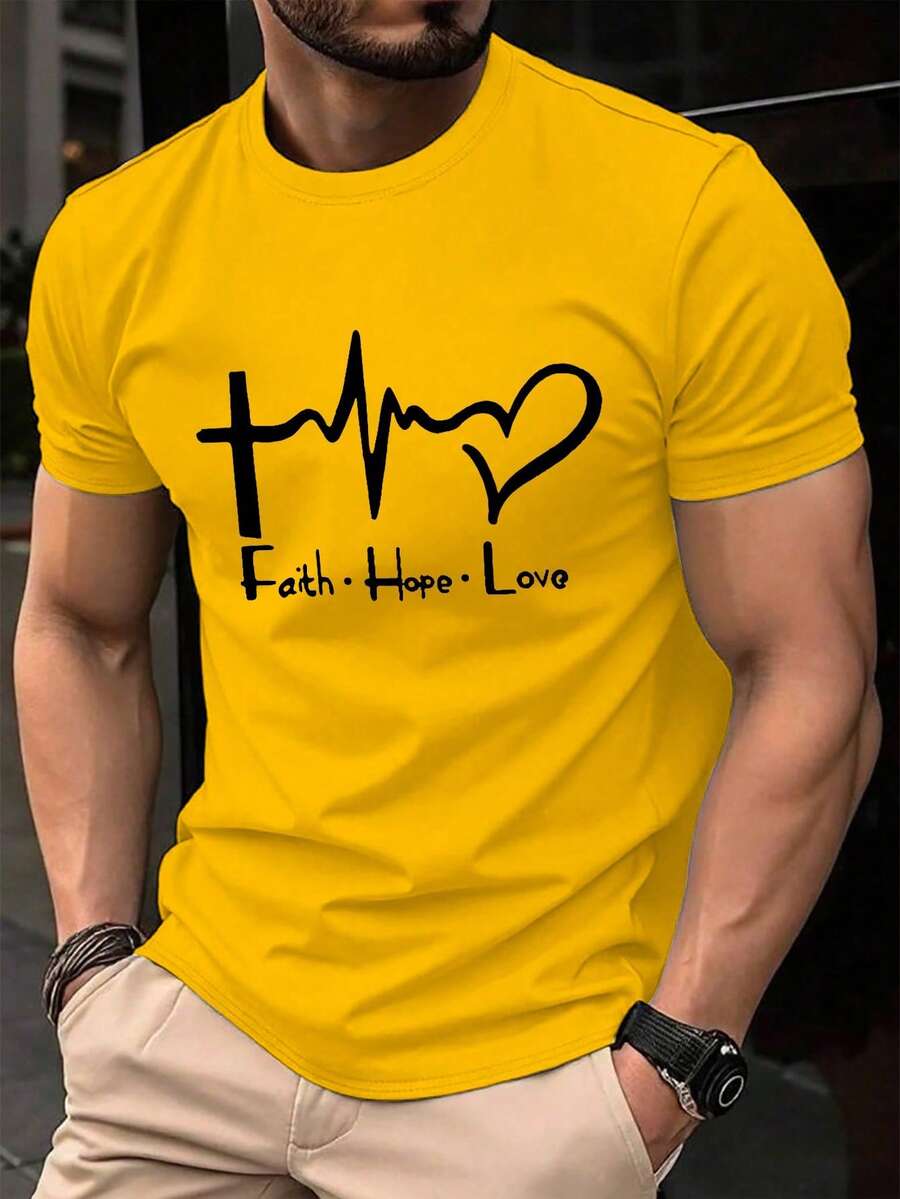Manfinity Homme Men's Casual Heart & Letter Print T-Shirt, Summer - Yellow - View 1
