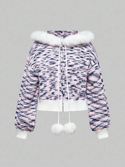 ROMWE Avant Y2K Collegiate Style Color Block Knit Hooded Cardigan, Casual & Versatile Jacket