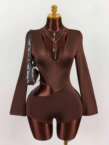 Amplova 时尚纯色露背交叉不对称性感连体裤