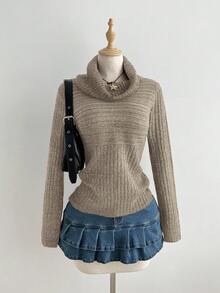 Elamini 女式高领修身毛衣，秋冬 - 摩卡棕 - 查看 4