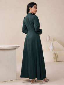 Veilorie 女士优雅褶皱腰灯笼袖翻领连衣裙，纯色，适合春秋季节 - 墨綠色 - 查看 2