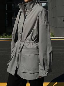 DAZY 女士立领收腰防风夹克，休闲中长款外套 - 灰色 - 查看 3