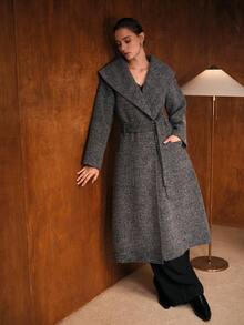 MOTF PREMIUM 羊毛瀑布领大衣，秋冬 - 黑色 - 查看 6