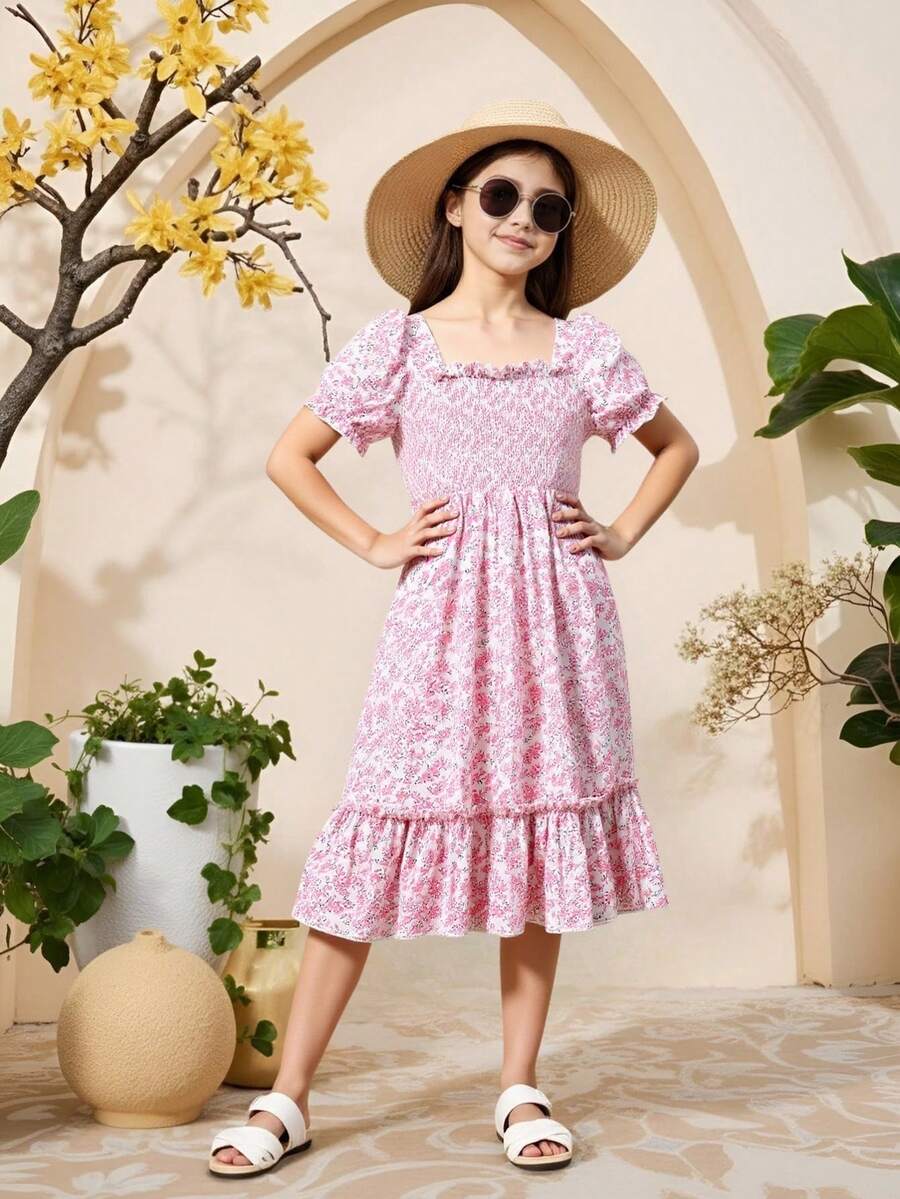 SHEIN Tween Girl Floral Print Scoop Neck Summer Short Sleeve Dress,Holiday,Summer,Travel, School, Campus, College