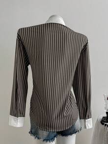 SHEIN Unity Áo len cardigan tay dài dáng rộng, họa tiết sọc tương phản mới dành cho nữ, phù hợp mặc đi làm, đi chơi và mặc hàng ngày, mùa xuân và thu - Nhiều màu - Xem 2