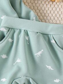 SHEIN Vintaside Kids 幼儿男童恐龙印花圆领长袖运动衫和裤子套装，休闲日常装，秋冬 - 綠色 - 查看 5