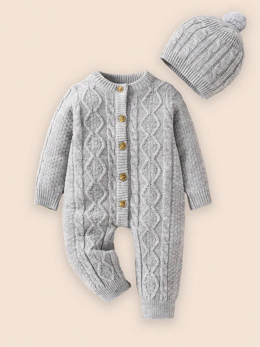 SHEIN Baby Casual Loose Long Sleeve Sweater Romper + Hat - Light Grey - View 1