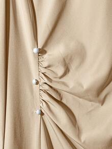 Franclia 女式优雅纯色褶皱圆领灯笼袖连衣裙，秋季 - 杏色 - 查看 6