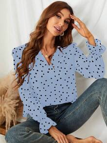 Calvaya 女式优雅心形印花缺口领荷叶边袖宽松衬衫，春秋季