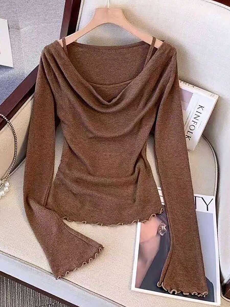 GlowEve T-shirt a maniche a sbuffo di colore unito, casual, autunnale - Moka Marrone - Visualizzare 1