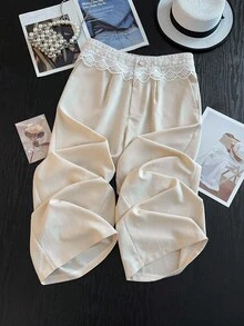 SHEIN Clasi 大码女式优雅蕾丝拼接纯色高腰直筒裤，适合时尚通勤 - 杏色 - 查看 5