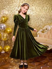 SHEIN Vestido verde con cuello en V, mangas con volantes y cintura ceñida para niñas preadolescentes, vestido de princesa, conjunto elegante para niñas, vestido formal, vestido de dama de honor, vestido de invitada a boda de otoño, vestido de vendaje, conjunto de Año Nuevo para niñas, vestido de gala de baile de máscaras - Verde Oliva - Ver 5
