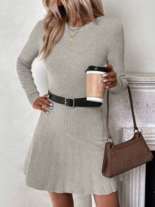 EMERY ROSE 女式纯色圆领长袖修身针织毛衣裙 - 淺灰紫 - 查看 4