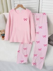 Set de 2 piezas de pijama casual y cómodo para niñas con top de cuello redondo de manga larga con decoración de moño y pantalones a rayas - Rosa coral - Ver 5