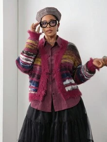 Slaydiva Veslaya 2025 Preppy Stil Neue V-Ausschnitt Burgunder gestreifte Farbblock Distressed Langarm Große Größen Strickjacke, geeignet für Herbst Winter, Basic, Lässig, Party, Straße, Musikfestival, Flughafen Karamell Kern - Verschiedenfarbig - Übersicht 6