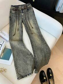 Elamini 女式宽松休闲百搭喇叭牛仔裤 - 藍色 - 查看 5